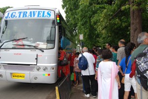 Boarding the bus to go to lunch