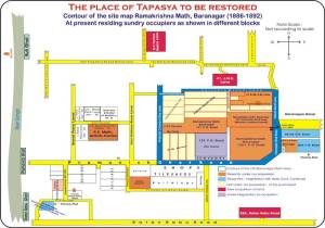 Restoration plan for Baranagar Math showing marks for two original pillars